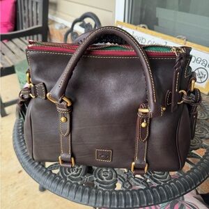 Dooney & Bourke Brown Leather Satchel with Red & Green Zip Accents